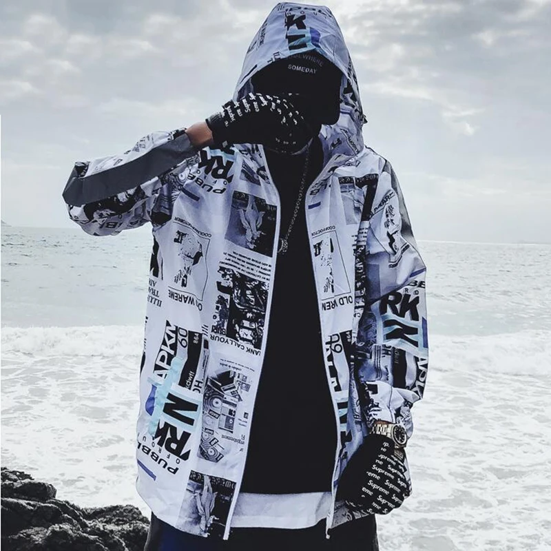 

Mens Harajuku Streetwear Jacket Coat Spring Summer Hip Hop Thin Hooded Japan Style Hipster Printed Couples Tracksuit Windbreaker