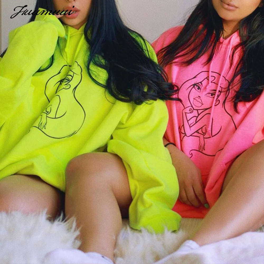 

Fuumuui Neon Color Women Sweatshirt with hat Long Sleeve Pullover Hoodies Tops Oversized Girl-print Fashion Streetwear Clothing