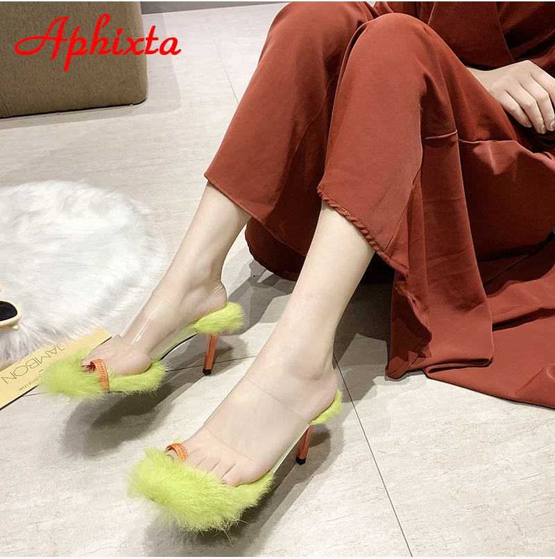 Aphixta/женские вьетнамки на каблуке 8 см с настоящим животным; женские шлепанцы; женская обувь на тонком каблуке; Прозрачные Пляжные наружные горки с открытым носком; Mujer