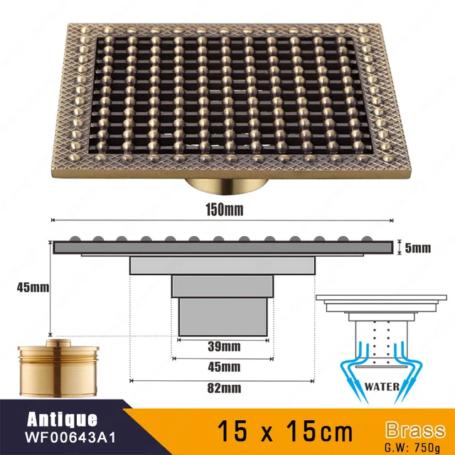 15 x 15 Square Bathroom Shower Drain Floor Drain Trap Waste Grate Antique Brass Grid Drain A