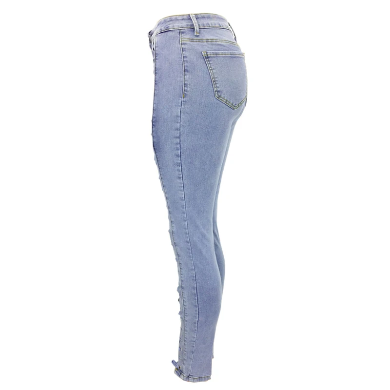 Женские джинсы, летние, модные, с вырезами, с перекрестными ремешками, бандажные, джинсовые, узкие брюки, для девушек, средняя талия, сексуальные, на шнуровке, с дырками, обтягивающие джинсы