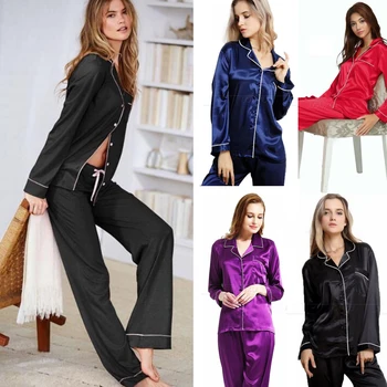 

Women Silk Satin Pajamas Set Solid Single Button-Down Sleepwear Pajama Sets