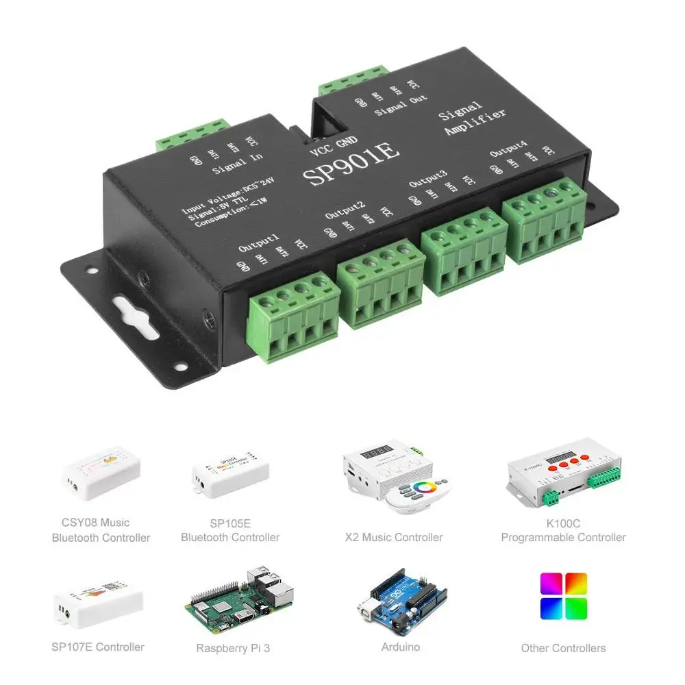 SP901E SPI усилитель сигнала для WS2812B WS2811 WS2813 пикселей RGB Светодиодные полосы ретранслятор сигнала адресуемый сон цветная лента DC5-24V