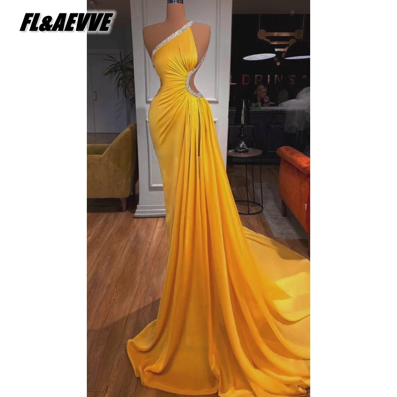 

2021 Modern Yellow Evening Dress Mermaid Long Sleeveless Corset Lace Up Floor Length Evening Prom Party Gowns