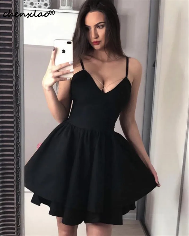 Vestido de festa/черное платье для выпускного вечера, атласные платья с v-образным вырезом и оборками, вечерние платья выше колена