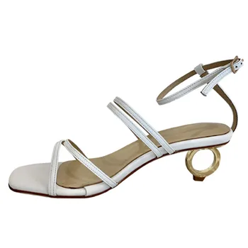 

MStacchi Woman Sandals 2020 Summer Narrow Band Fashion Sandals Square Toe Strange Heels Shoes Mature Leather Buckle Woman Shoes
