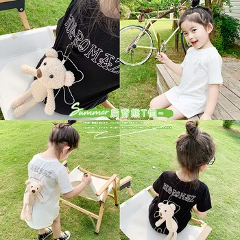 

Summer Dresses Toddler Girl Cotton Short-sleeve Dress With Teddy Bear Doll Back of Dress Special New Design T-shirt Dresses