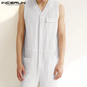 

INCERUN 2020 Men Cargo Overalls Sleeveless Jumpsuit Men Cotton Multi Pockets Solid Color V Neck Rompers Streetwear Pants S-5XL