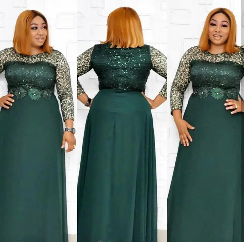 

New African women's Dashiki fashion Glistening bead mesh fabric patchwork receive waist loose long dress evening party dress