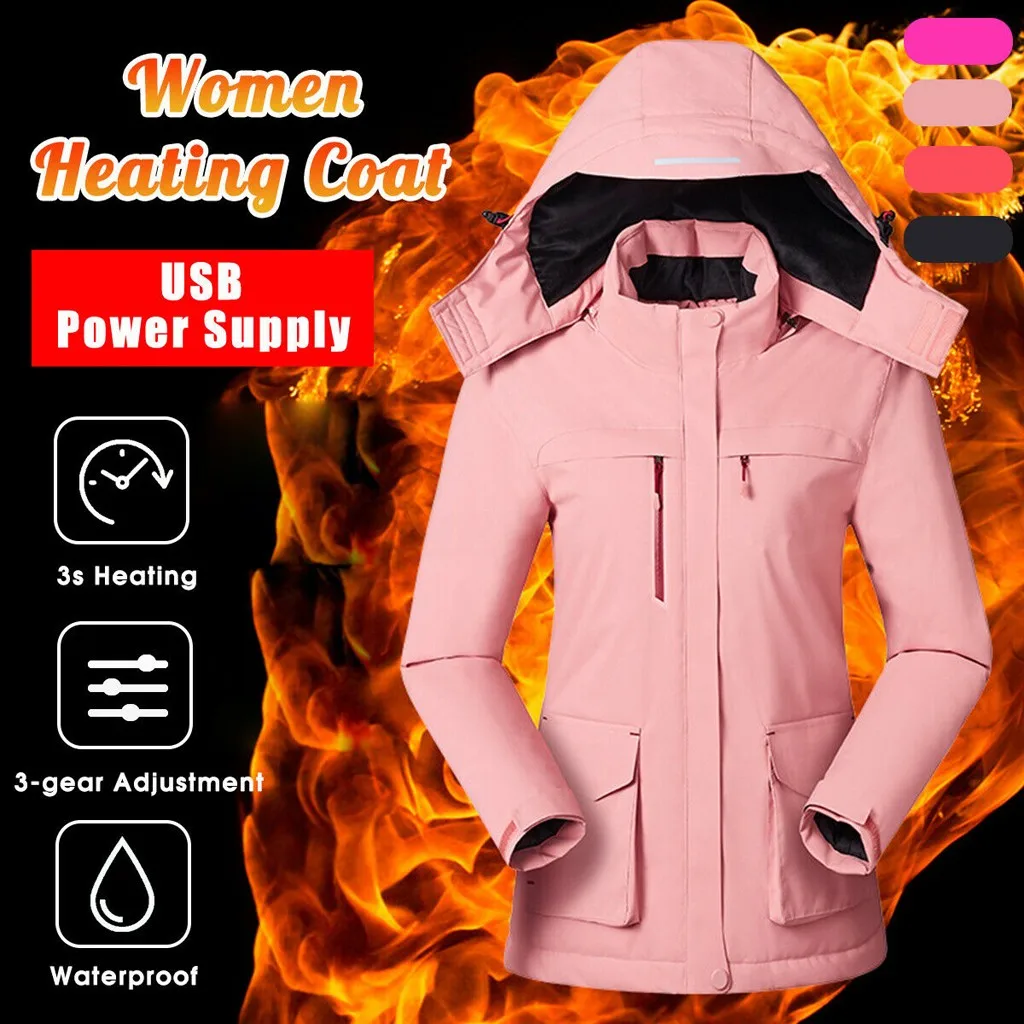 New Winter Warm USB Infrared Heating Winter Jacket Women Smart Thermostat Pure Color Pockets Hooded Heated Parkas Warm Jacket