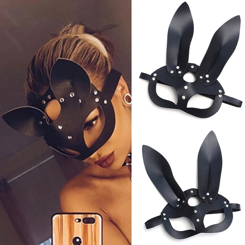 

Sexy Cosplay Rabbit Bunny Masks Women Girl Black Leather Adjustable Adult Play Special Cat Ears Halloween Party Masks Costume