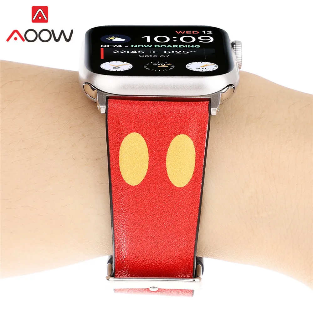 Мультфильм кожаный ремешок для наручных часов Apple Watch 38 мм, 42 мм, 40 мм 44 Микки рисунок «Hello Kitty», сменный ремешок для наручных часов, ремешок