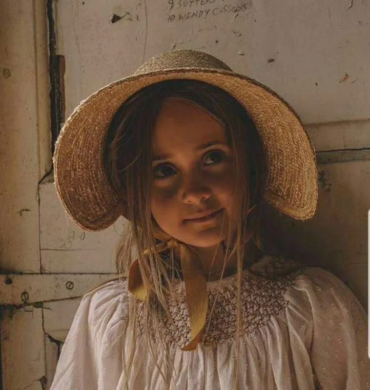 04-HH6024 Parent child style handmade straw Lolita Rural style British holiday kids sun cap children girl leisure hat