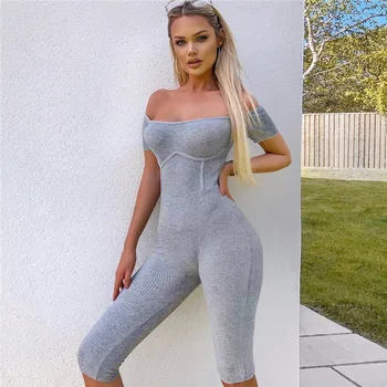 

2020 Women's Jumpsuit Short Sleeve Gray Shoulder Off Knitted Patchwork Striped Slim Wild Fashion Bodysuit Jumpsuit Women Romper
