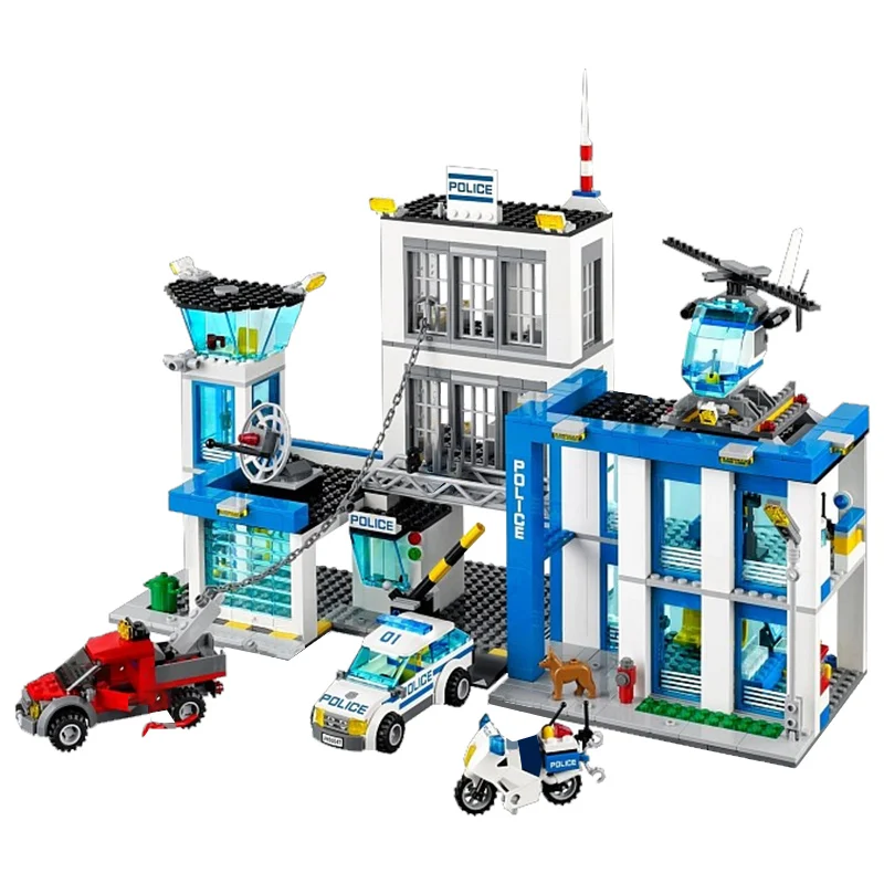 Tanie Miasto policji serii motocykl samochód helikopter Building Blocks kompatybilny legoinglys City Police Station DIY cegły zabawki