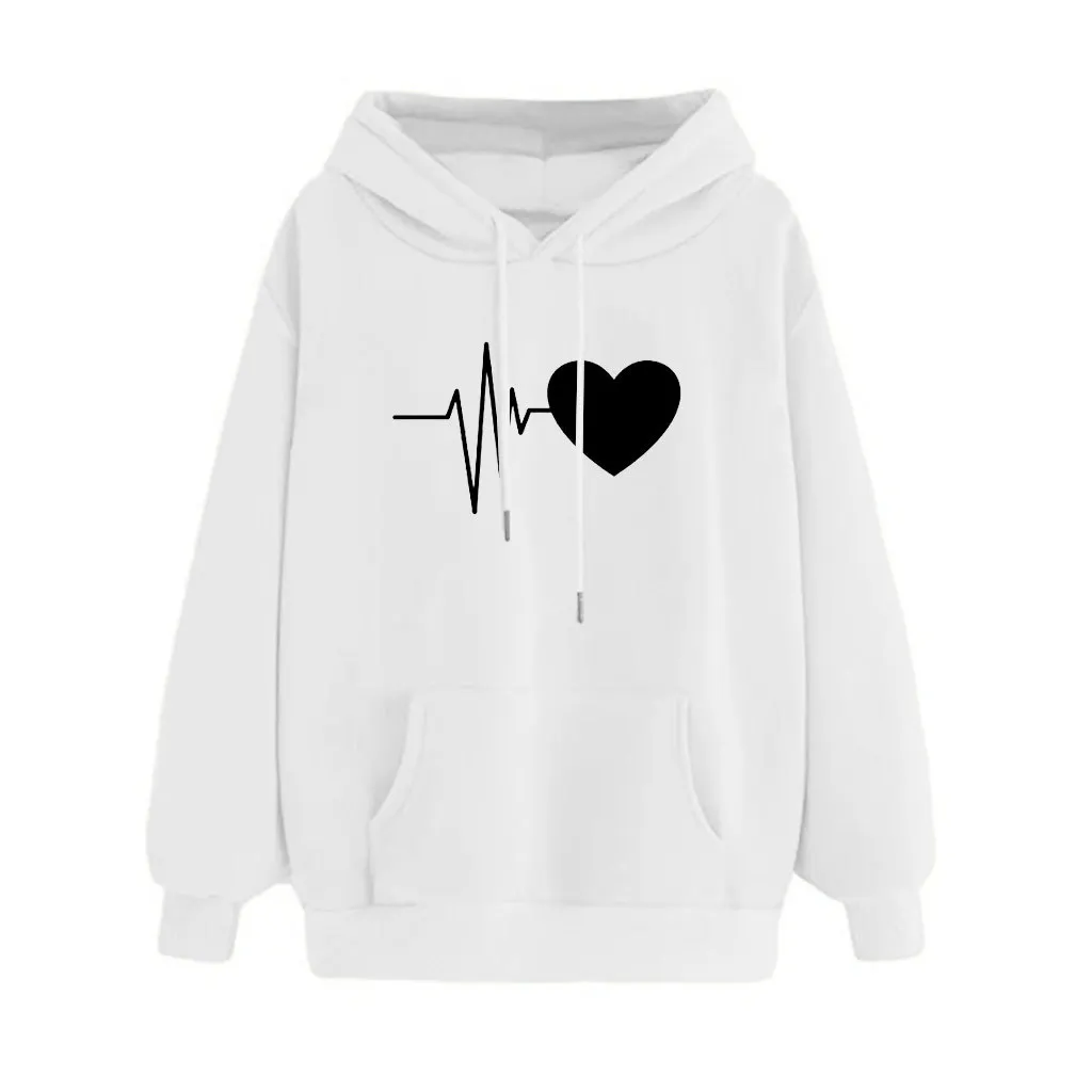 Printed Pocket Hooded Women hoodie sweatshirt Long Sleeve Cotton Electrocardiogram Print Hoodies for girls Pocket hoodie