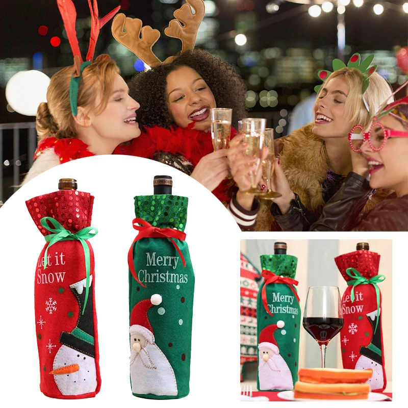 Christmas Sequins Wine Bottle Bag Xmas Santa Snowman Dinner Decor Cover Gifts