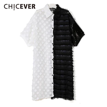 

CHICEVER Patchwork Hit Color Women's Dress Lapel Collar Short Sleeve Loose Oversize Midi Dresses Female 2020 Fashion New Clothes