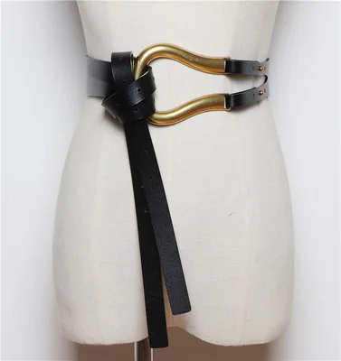 NEW Genuine Leather double Belts Luxury Metal U Buckle belt women girls retro vintage large belt for coat jeans black white