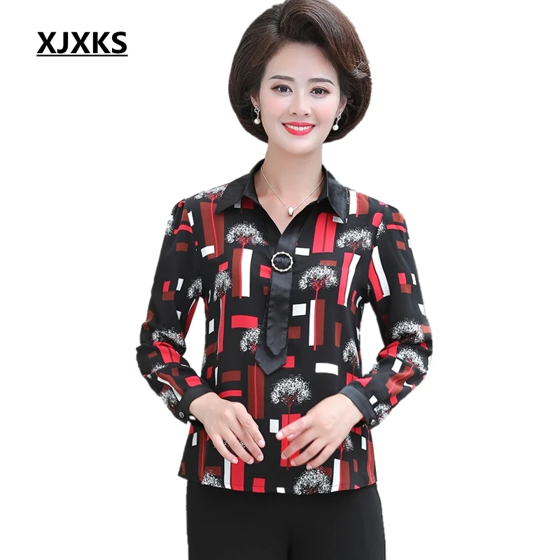 

XJXKS New 2019 Colorful Thin Summer Top Women Plus Size Loose Turn-down Collar Shirts Print Causal Women Top