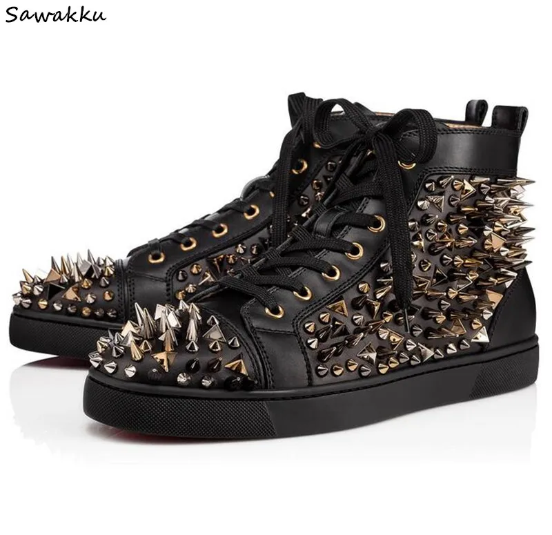 

2019 Black Men Sneakers Cross-tied Runway Casual Shoes Men High Top Spikes Lace Up Flats Rivets Studs Brand Leather Shoes