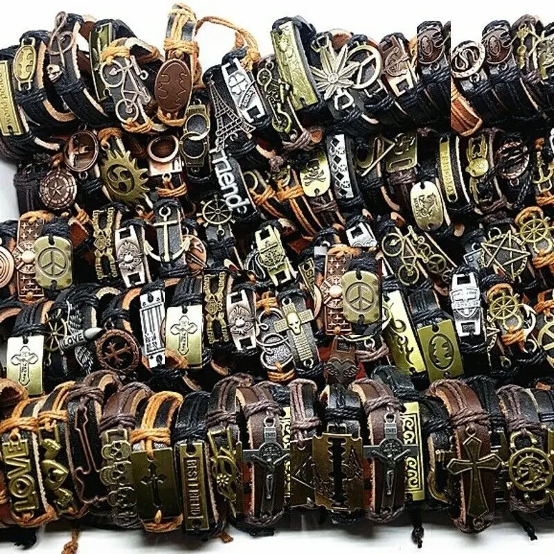 MixMax 100 шт мужские кожаные браслеты Подлинный Винтаж панк рок ретро браслет для женщин