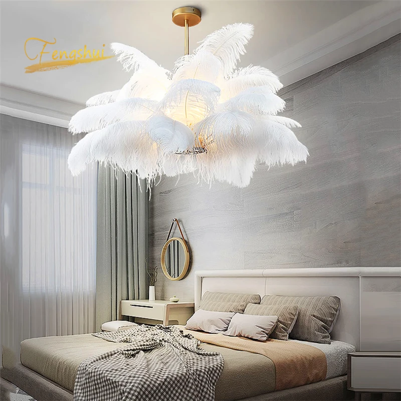 Nordic LED Pendant Lights Natural Ostrich Feather Pendant Lamp Bedroom Living Room Restaurant Lighting Indoor Decor Hanging Lamp