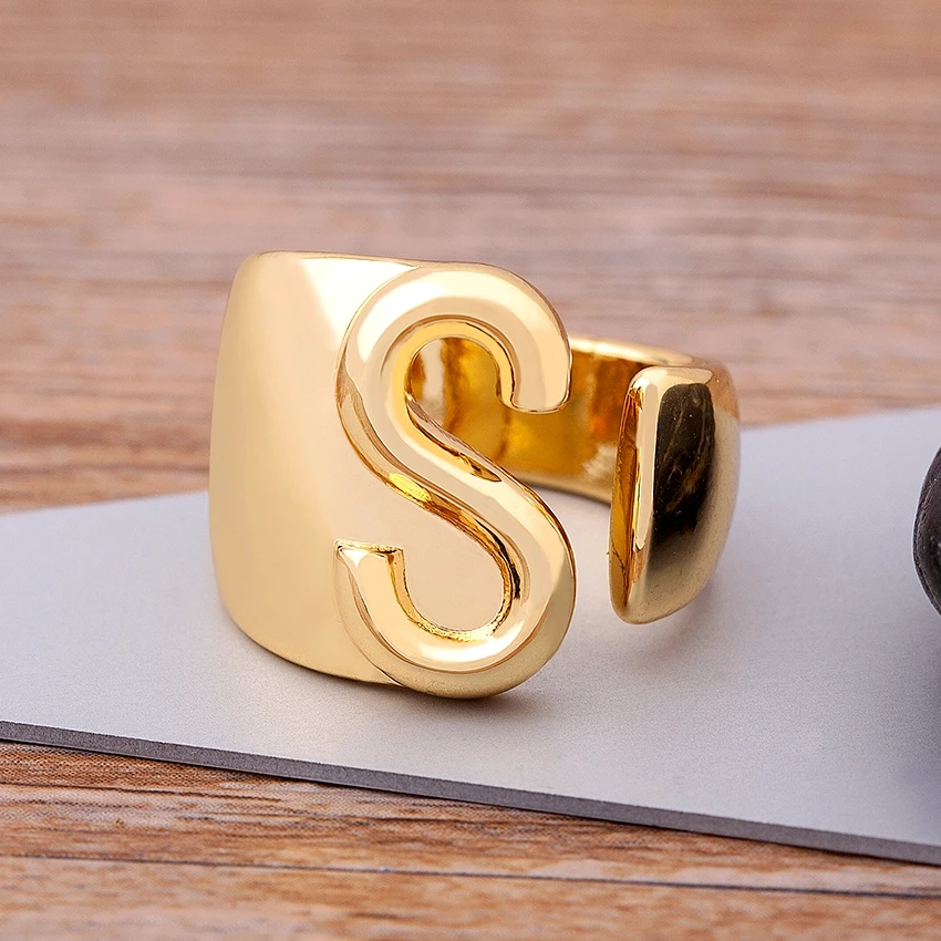 Trendy Hollow A Z Letter Gold Color Adjustable Opening Ring Initials