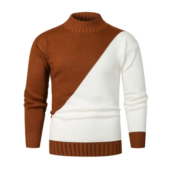 

Spring Winter Men Sweater Fashion Round Neck Color Matching Long Sleeve Wild Pullover Slim Patchwork Sweater Mens