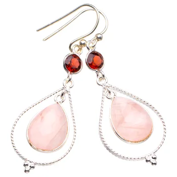 

Natural Rose Quartz And Garnet Handmade 925 Sterling Silver Earrings 2" D3677