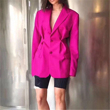 

Spring Autumn 2020 Women Rose Red Pleated Split Temperament Blazer New Lapel Long Sleeve Loose Fit Jacket Fashion