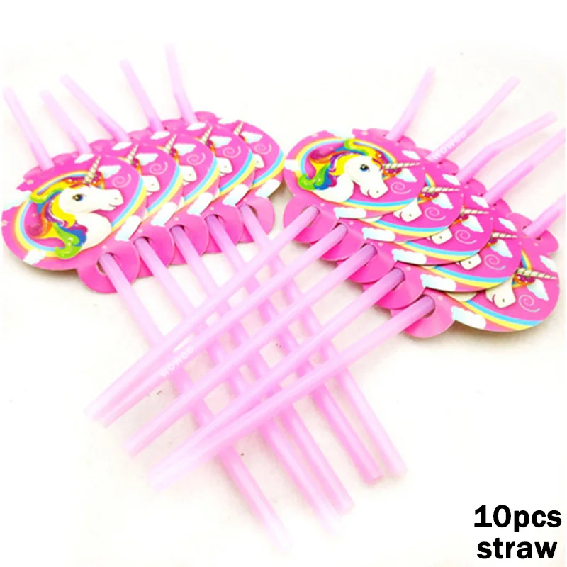 10Drinking Straw Принадлежности для тематической вечеринки в виде единорога скатерть салфетки тарелки попкорн принадлежности чашки ножи и вилки ложки День рождения украшения - Цвет: 10Drinking Straw
