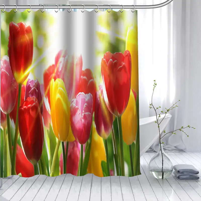 New Arrival Tulips Flower Shower Curtain Polyester Fabric High Defintion Print Bathroom Curtain Waterproof 12 Hook Bath Curtain - Color: 4