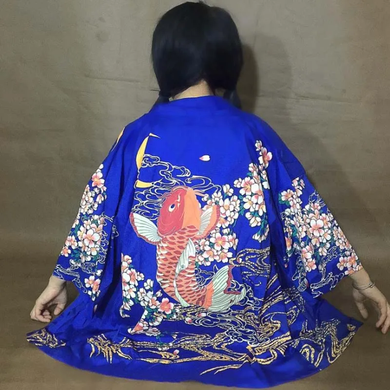 Японское кимоно для женщин, косплей, синяя, черная, летняя рубашка, блузка, тонкое пальто, японское, юката хаори, летнее, Пляжное кимоно для женщин
