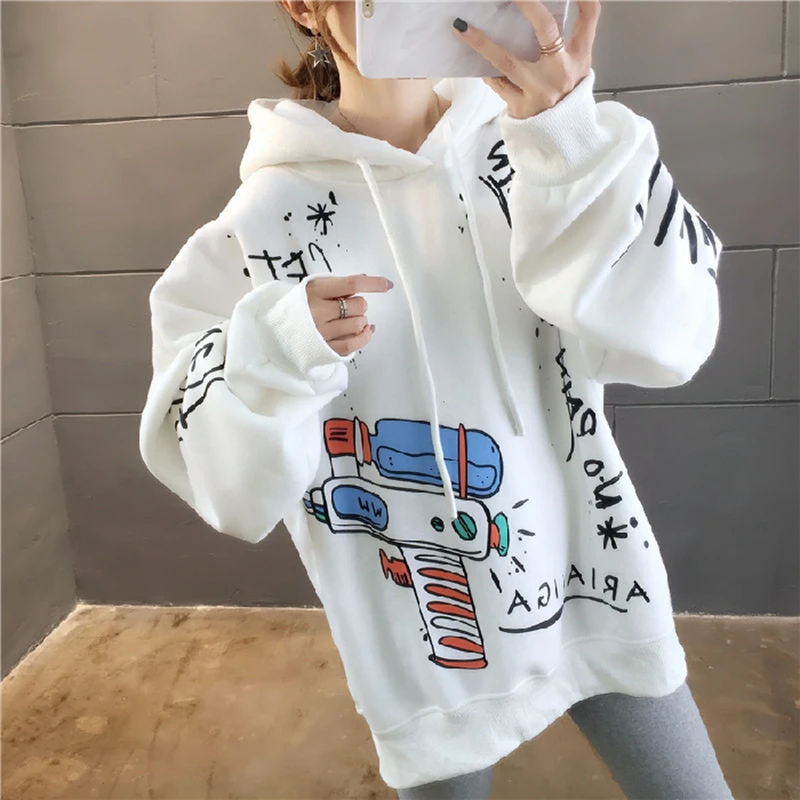 Брендовые женские толстовки осень зима размера плюс 2XL Kawaii топ с принтом Свободный корейский стиль длинный рукав повседневная черная плотная одежда