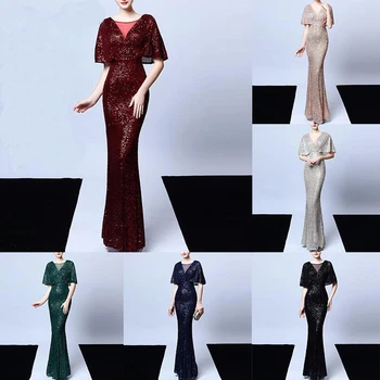 

Elegant Long Dress Gold Sequined Women Evening Party Dress Deep V Neck Sexy Robe De Soiree Flare Sleeve Backless Ladies Vestidos