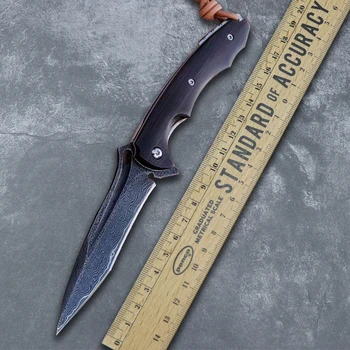 

Pocket folding knife with leather sheath VG10 Damascus steel blade ebony handle Self-defense knife for hunting