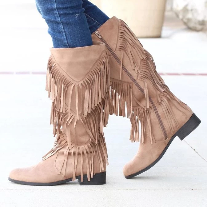 Botas de invierno a la moda Bohemia piel aterciopelada mujer, zapatos de tacón plano flecos, largas de mujer con borla la rodilla| Botas a media pantorrilla| - AliExpress