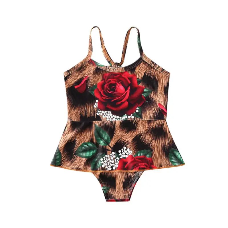 Rose Floral Leopard Printed Swimsuit For 1 4Years Girl Toddler Baby