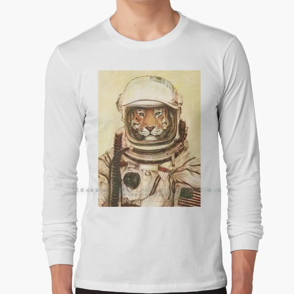 Apollo 18 Maglietta A Maniche Lunghe Tee Tiger Lion Astronauta Space Retro America Moon Wild Animals Wild Life Wildlife Old Vintage