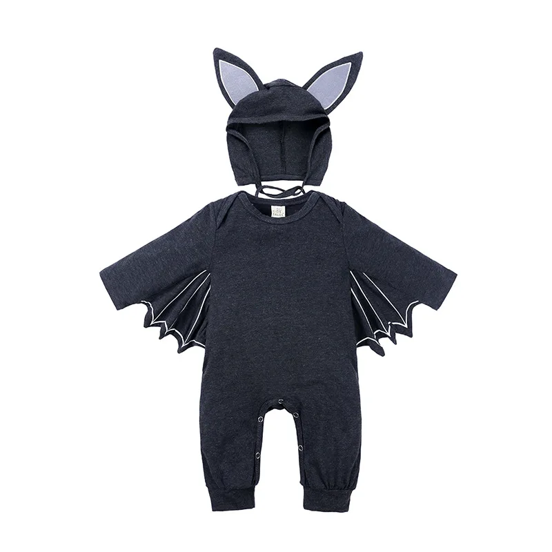 

2019 Halloween Bat Baby Rompers with Hat Infant Solid Long Sleeve Jumpsuit Autumn Boys Cosplay Costume