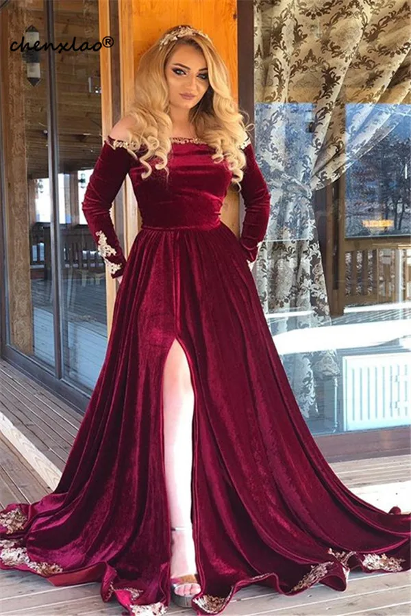 Sexy Burgundy Velvet Evening Dress Long 