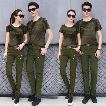 

Couple Clothes Summer Wear 2018 New Style Korean-style Elegant-Style Fashion Sports Clothing T-shirt WOMEN'S Suit Army Green Tro