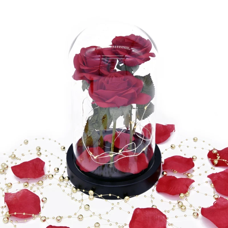 

Red Rose and Petals with LED Light String In Glass Shade Valentine's Day Gift for Women Girls Home Decorations 3PCS