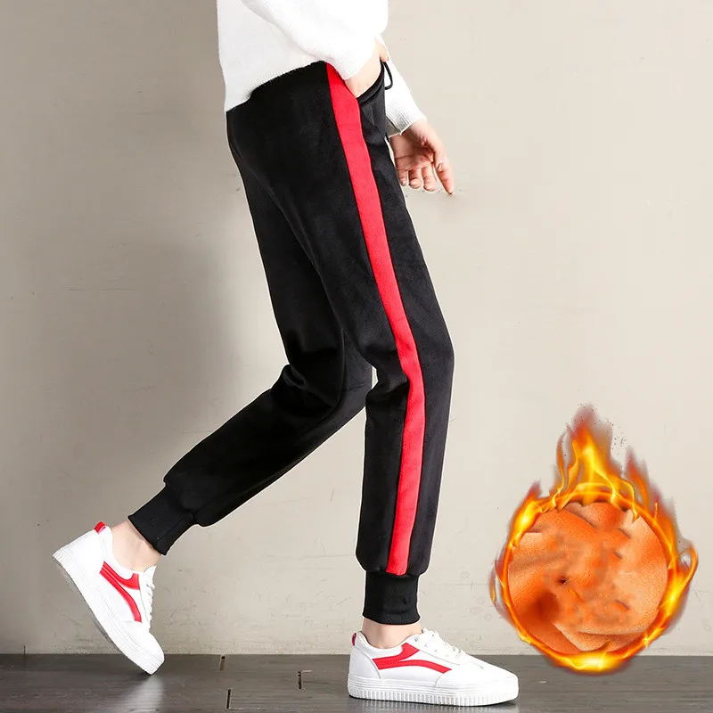 

Gold Velvet Side Slits Harem Pants Female Winter Trouser Large Size Sweatpants Women Baggy Pants with Red Stripes Women's M-4XL