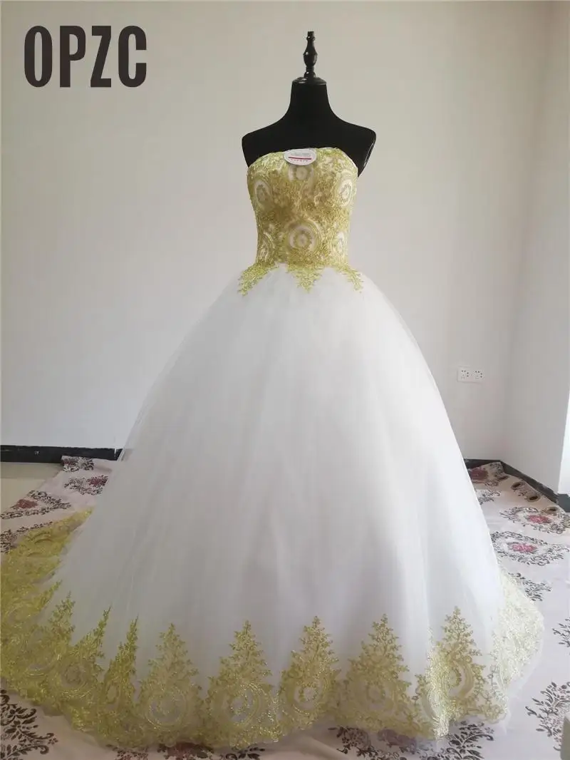 Цвет слоновой кости, синий и красный цвета романтичное Vestido de Novia Винтаж расшитое золотистым кружевом бальное свадебное платье на заказ; Большие размеры свадебное платье