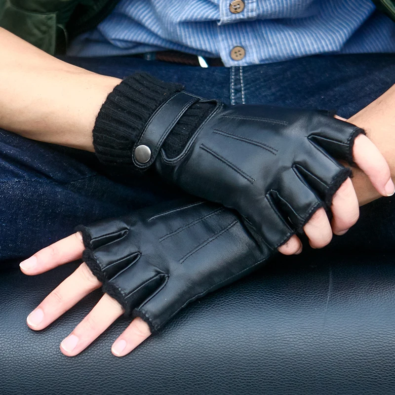 WinterLeatherGlovesMenOutdoorWoolKnittedWarmWindproof