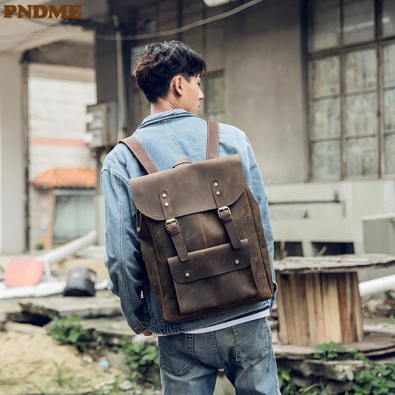 

PNDME crazy horse cowhide men's backpack designer vintage large capacity genuine leather travel bagpack waterproof back pack