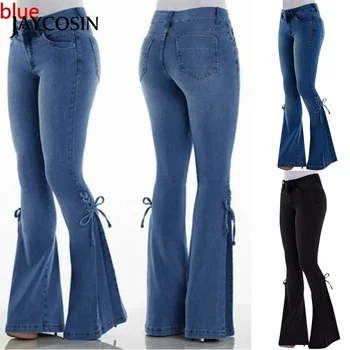 

JAYCOSIN Women's Jeans Summer Elastic Plus Loose Denim Bow Casual Boot Cut Pant Jeans Skinny Flared Trousers Solid Pants 2020 J