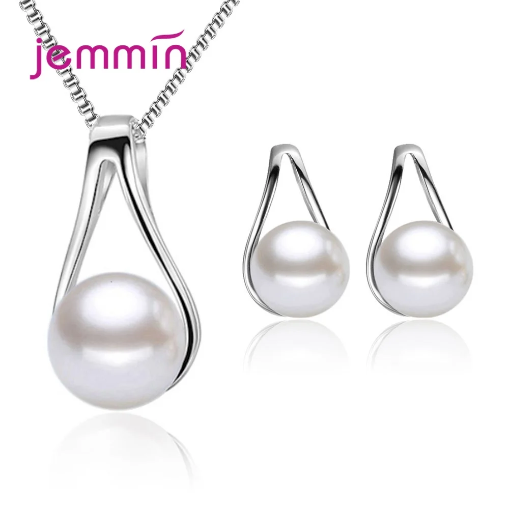 

S925 Sterling Silver Necklace Stud Earring Set for Women Girls Engagement Gift White Round Pearl Fashion Jewelry 2Pcs/Set